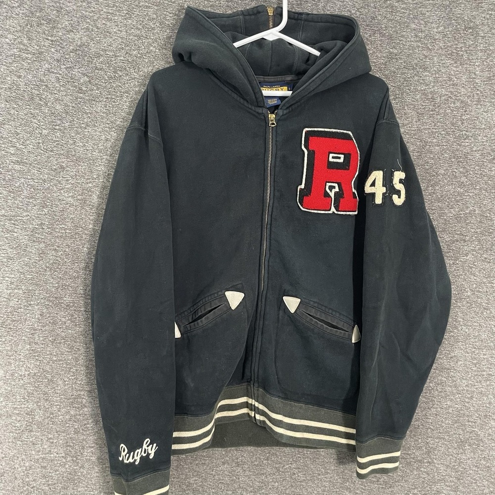 Rugby Ralph Lauren Hoodie Mens Large Black‎ Full Zip Varsity R 45 Patch Fleece